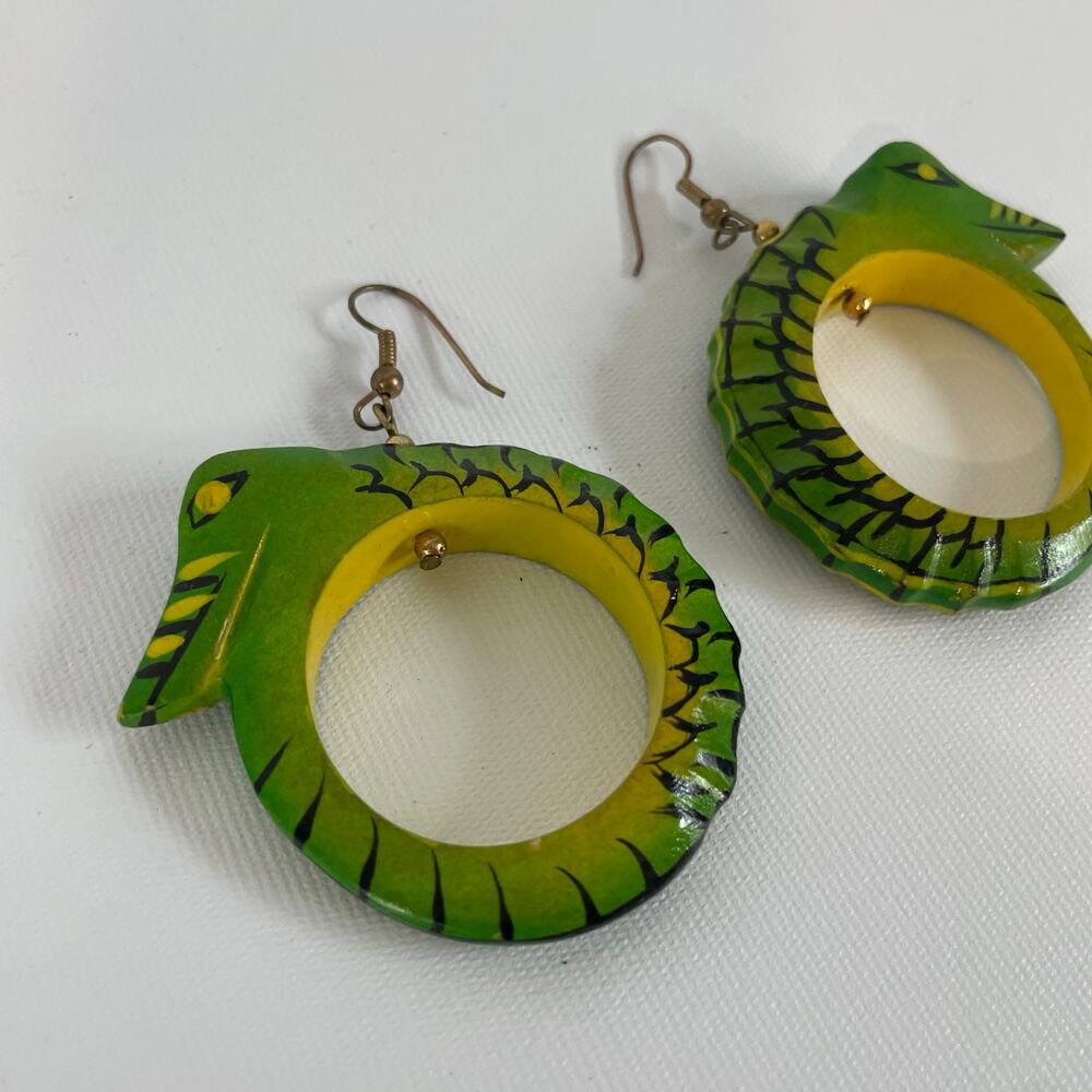 Wood Carved Painted Alligator Earrings 2"x1.75" Round Green Yellow Black Unique - Picture 7 of 7
